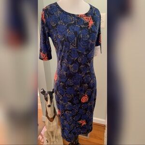 LuLaRoe Julia Dress Blue, Grey, & Black Geometric